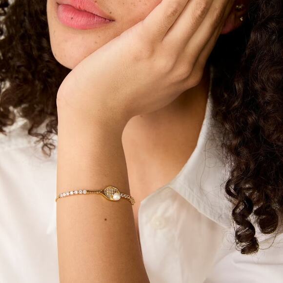 Kate Spade Queen Of The Court Tennis Slider Bracelet Racket Line Gold Pearl Pave - Picture 9 of 9